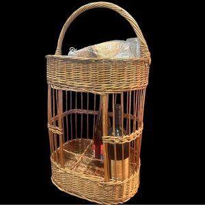 Vintage wicker basket Yugoslavian wine and bread